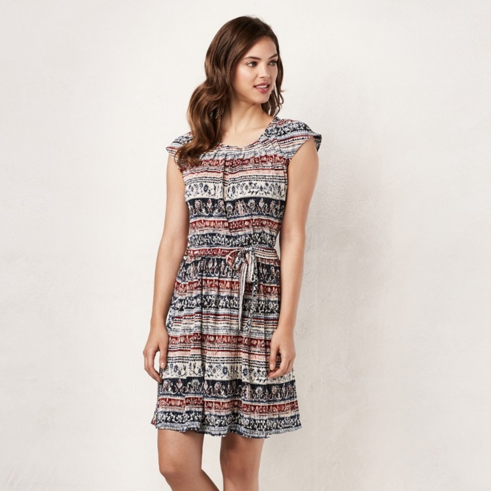 LC Lauren Conrad | Abstract Pleated Shift Dress Red/Blue Women’s NEW WITH TAGS!